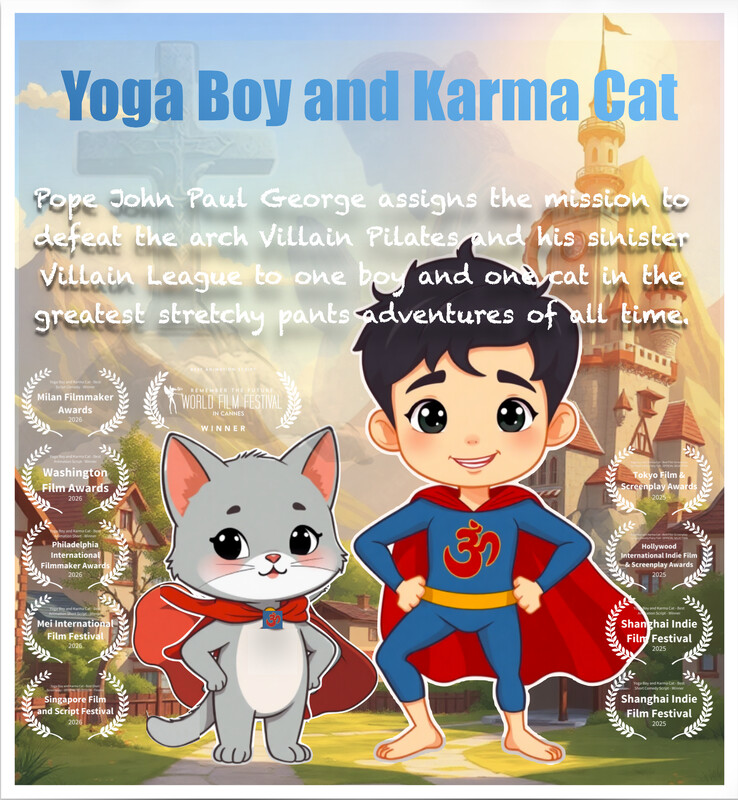Poster artwork for the screenplay Yoga Boy and Karma Cat.