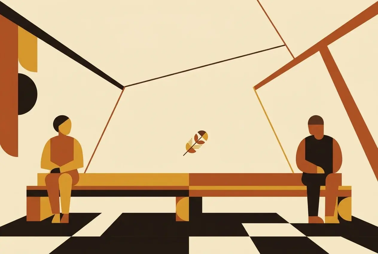 Illustration of two figures sitting at opposite ends of a bench with a single feather floating down between them.