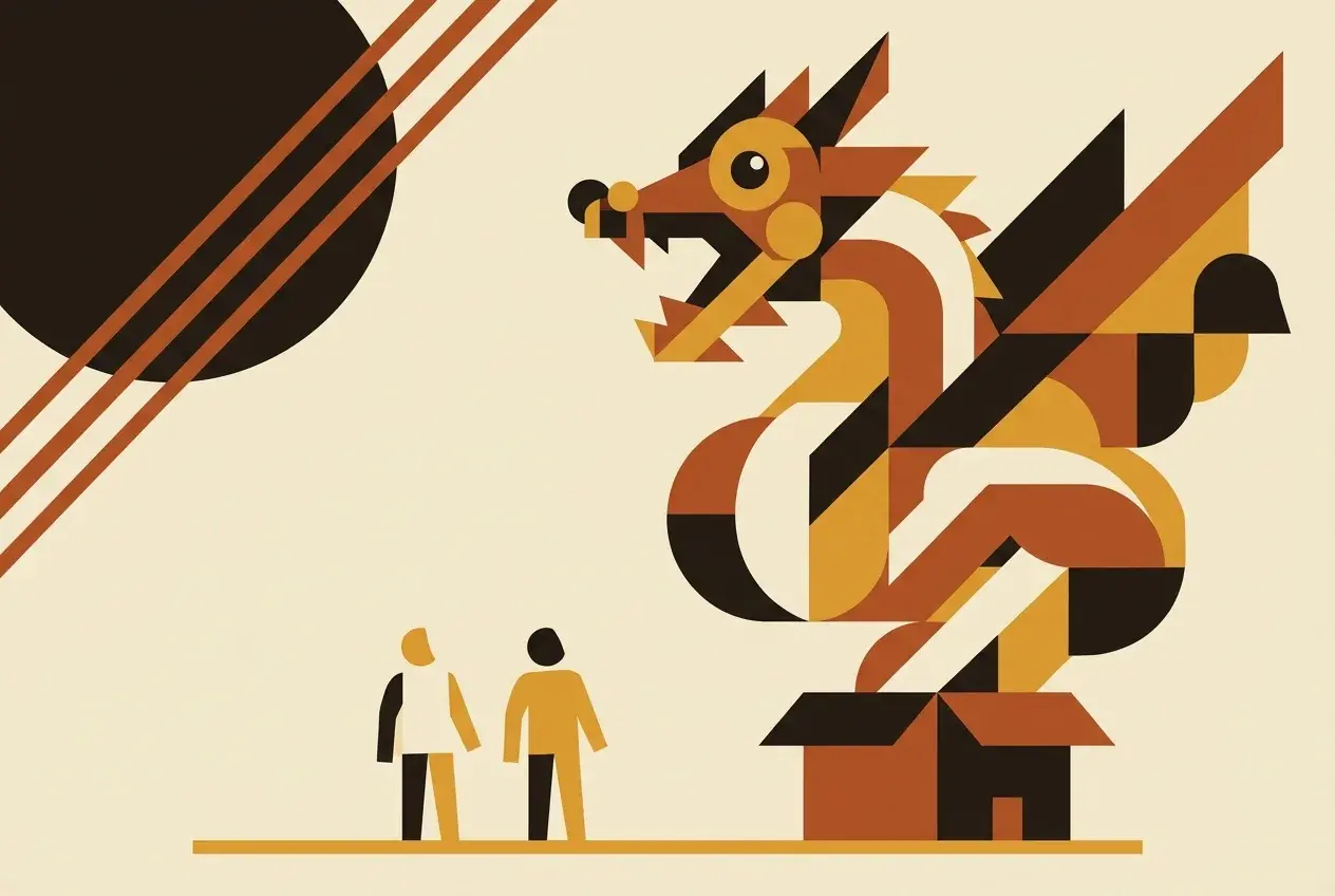 Illustration of a large paper dragon rising out of a small cardboard box.