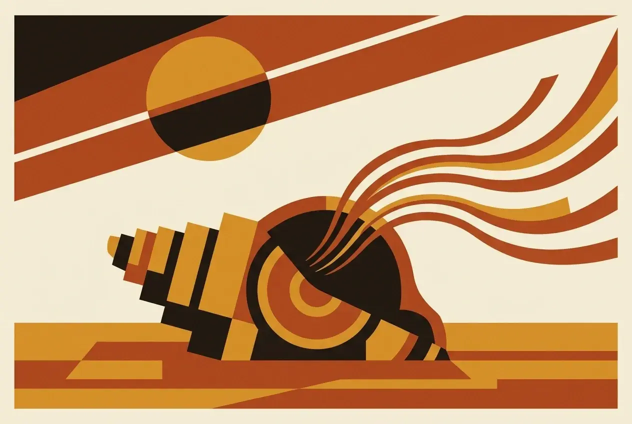 Illustration of a seashell lying on sunlit sand with soft flowing sound waves drifting out of it at sunset.