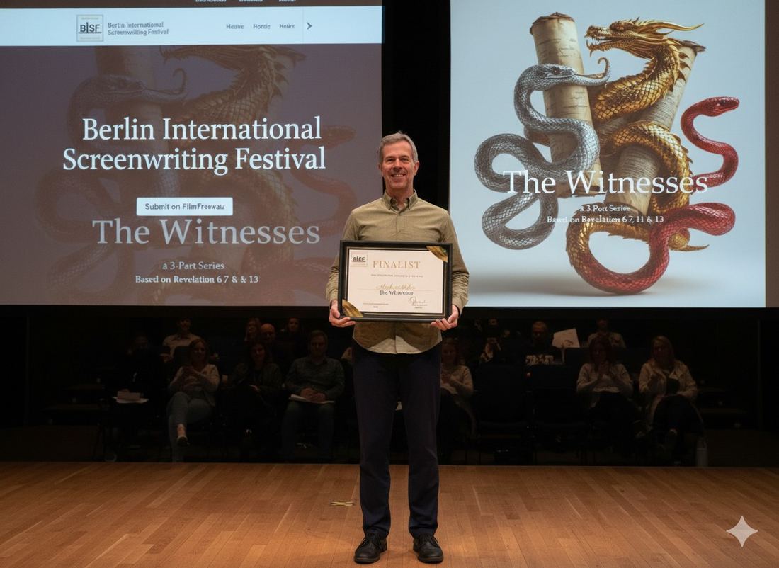 A finalist holding his Berlin International Screenwriting Festival certificate.