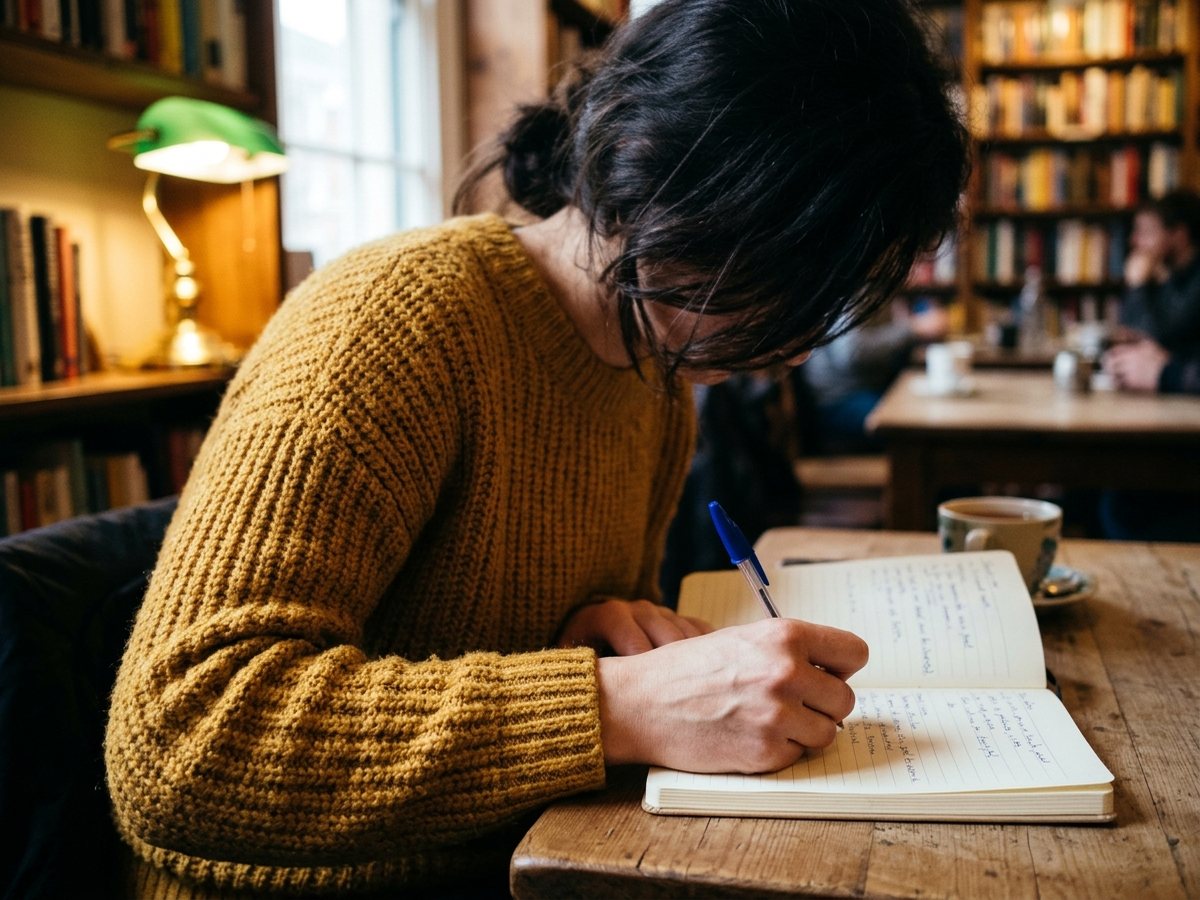 A writer in a yellow sweater writing in a notebook at a library table.