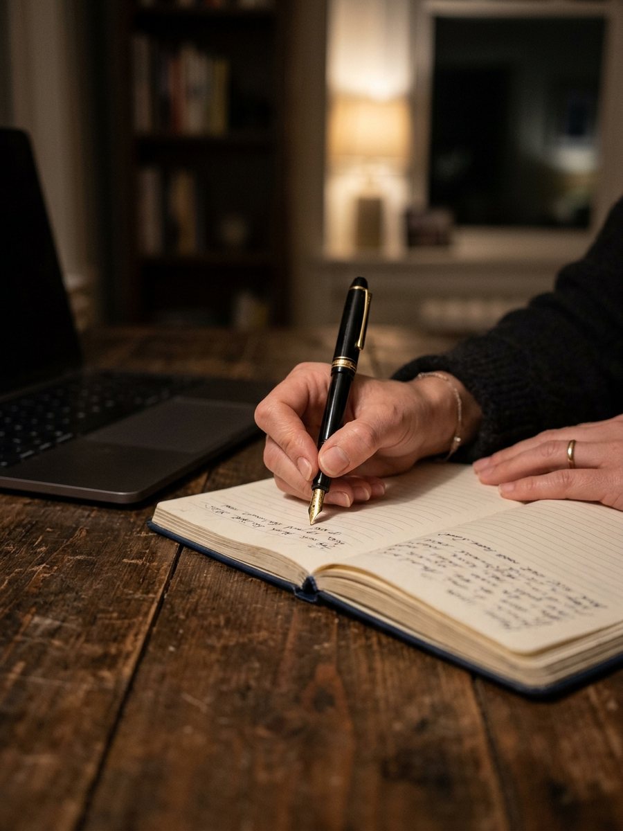 A hand writing in a notebook with a fountain pen.
